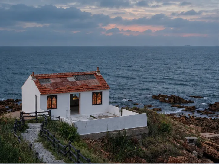 威海海岸边的小屋，面朝大海与晚霞
